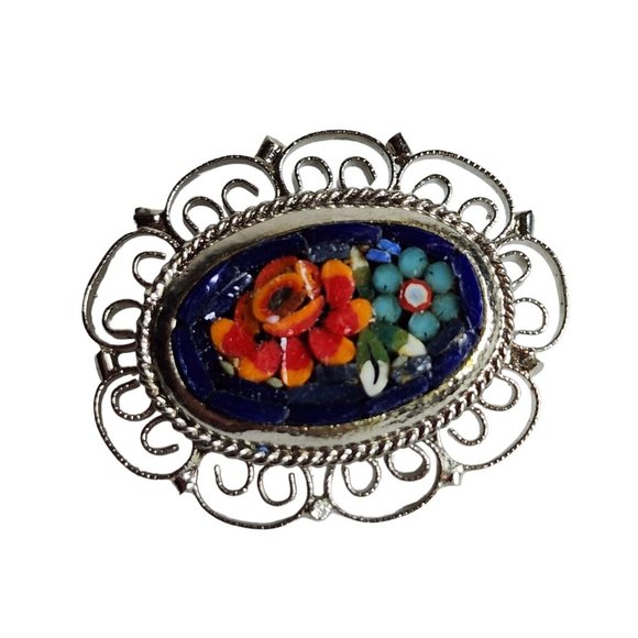Vintage Micro Mosaic Floral Blue Pink Pietra Dura Brooch Pin Round Filigree - Picture 4 of 10